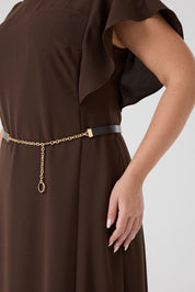 Kolları Volanlı Kemerli Elbise Kahve