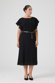 Kolları Volanlı Kemerli Elbise Siyah