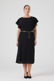 Kolları Volanlı Kemerli Elbise Siyah
