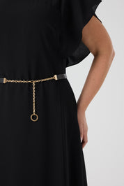 Kolları Volanlı Kemerli Elbise Siyah