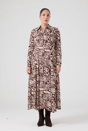 Fermuarlı Şal Desenli Uzun Elbise Bordo