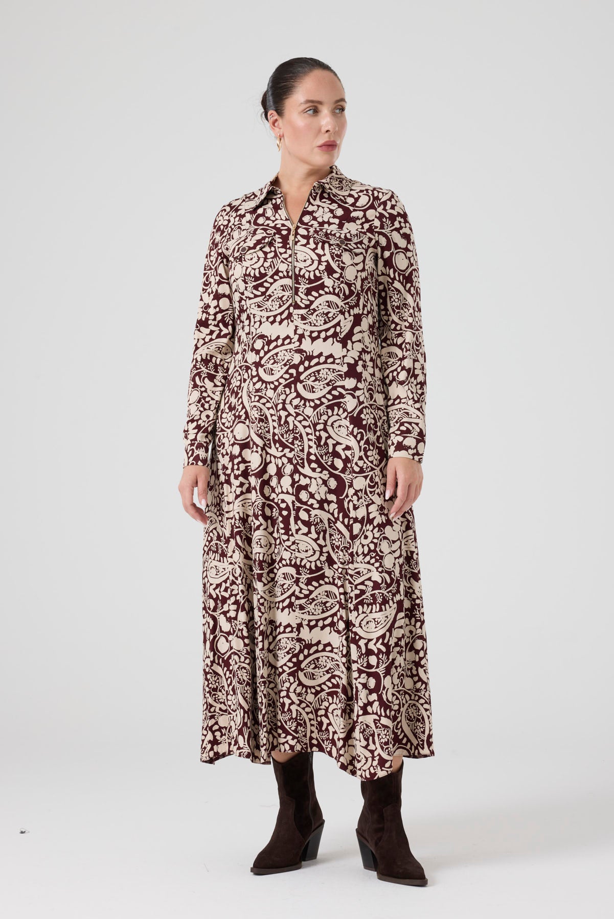 Fermuarlı Şal Desenli Uzun Elbise Bordo