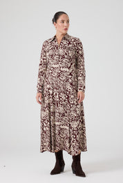 Fermuarlı Şal Desenli Uzun Elbise Bordo