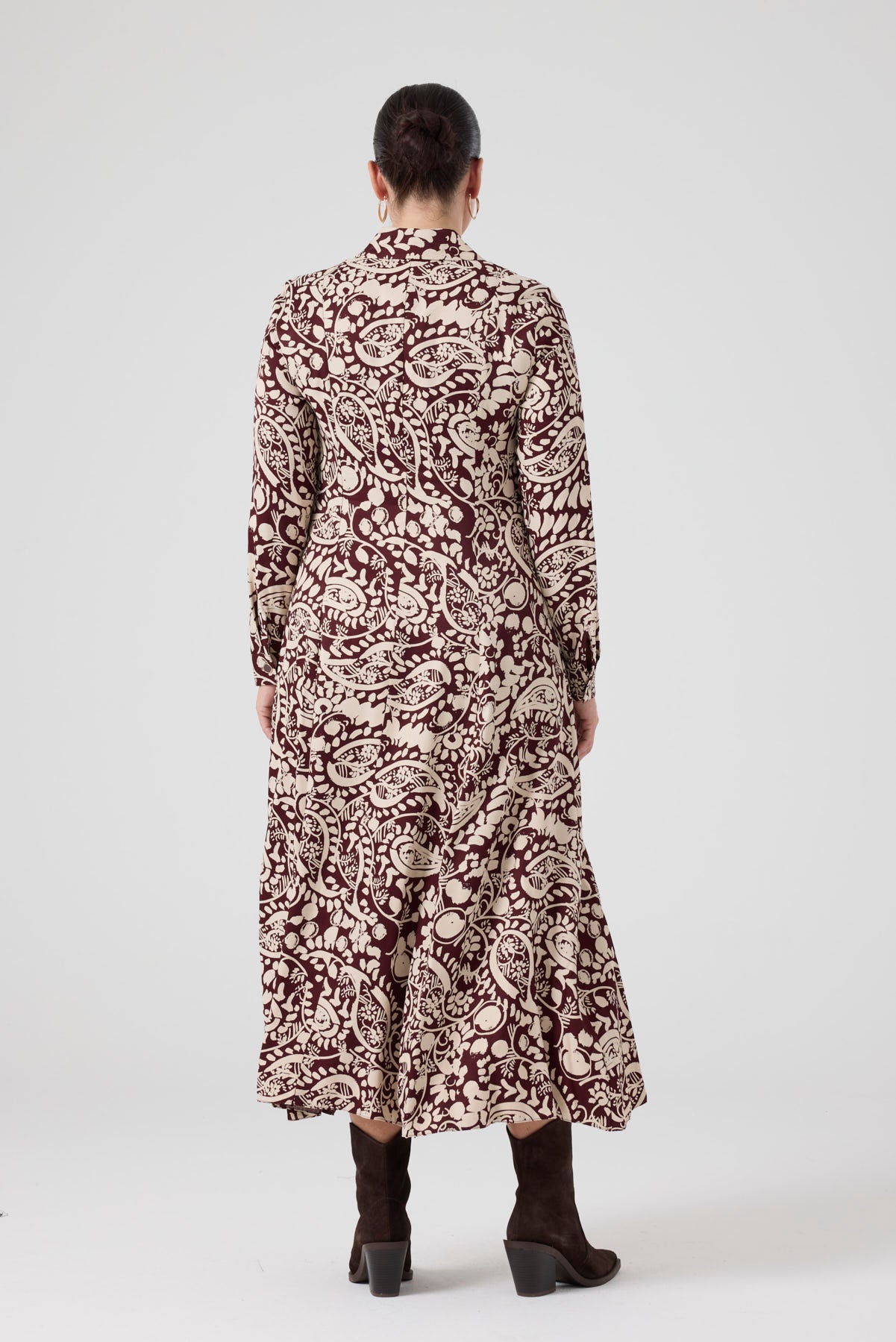 Fermuarlı Şal Desenli Uzun Elbise Bordo