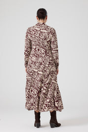 Fermuarlı Şal Desenli Uzun Elbise Bordo