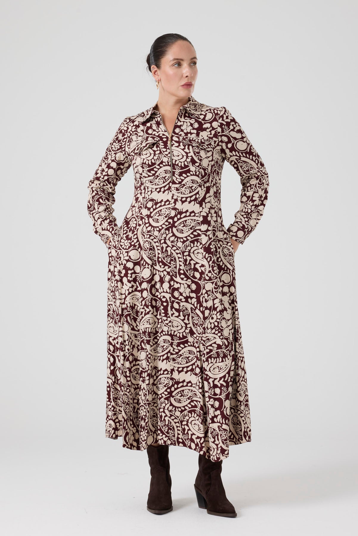 Fermuarlı Şal Desenli Uzun Elbise Bordo