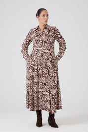 Fermuarlı Şal Desenli Uzun Elbise Bordo