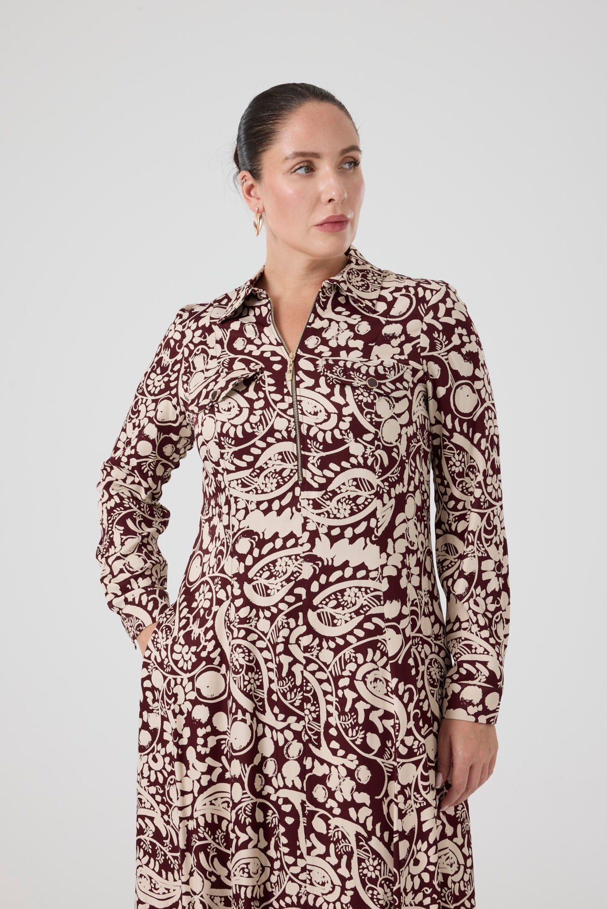 Fermuarlı Şal Desenli Uzun Elbise Bordo