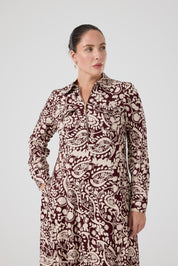 Fermuarlı Şal Desenli Uzun Elbise Bordo