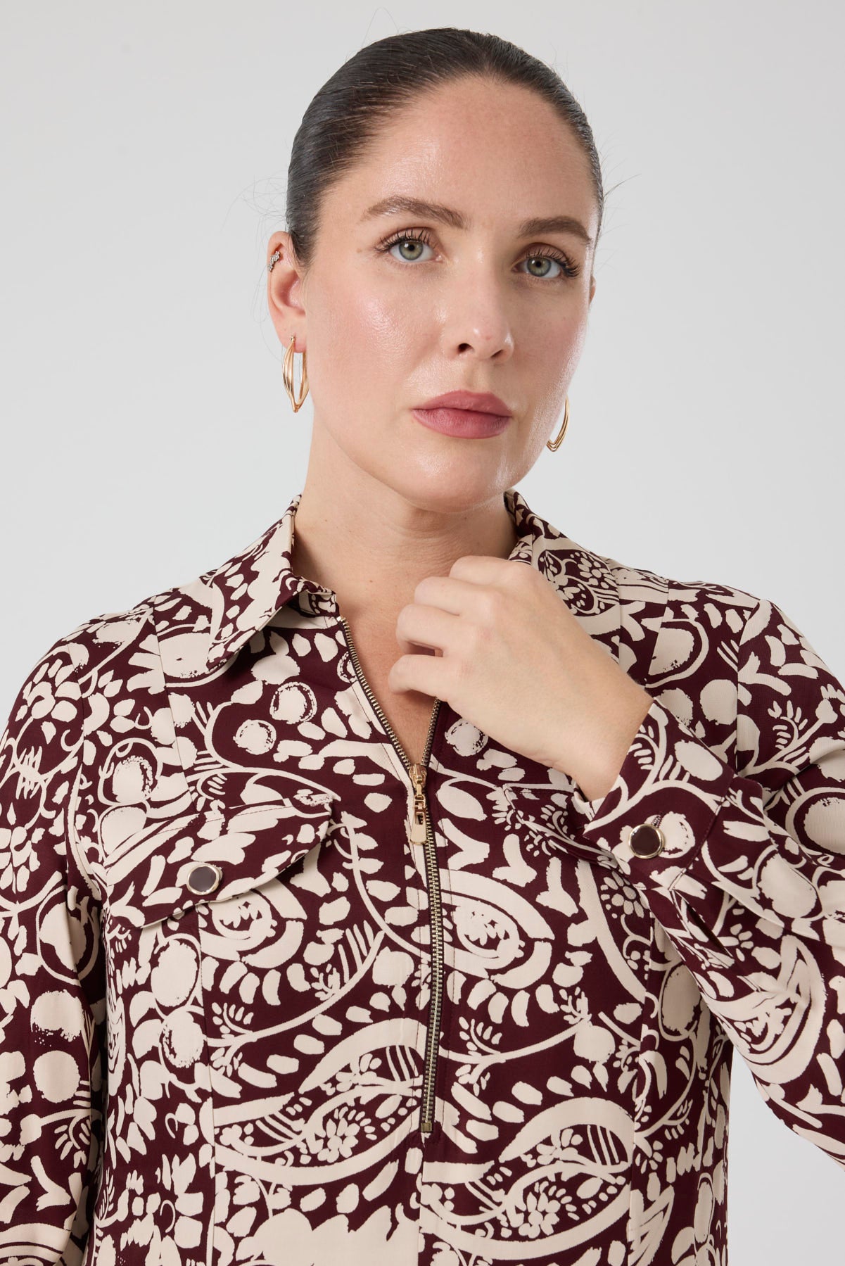 Fermuarlı Şal Desenli Uzun Elbise Bordo