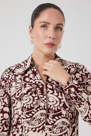 Fermuarlı Şal Desenli Uzun Elbise Bordo