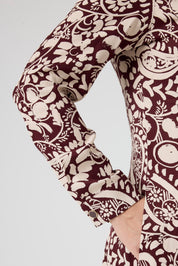 Fermuarlı Şal Desenli Uzun Elbise Bordo