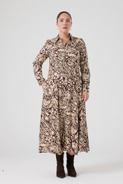 Fermuarlı Şal Desenli Uzun Elbise Kahve