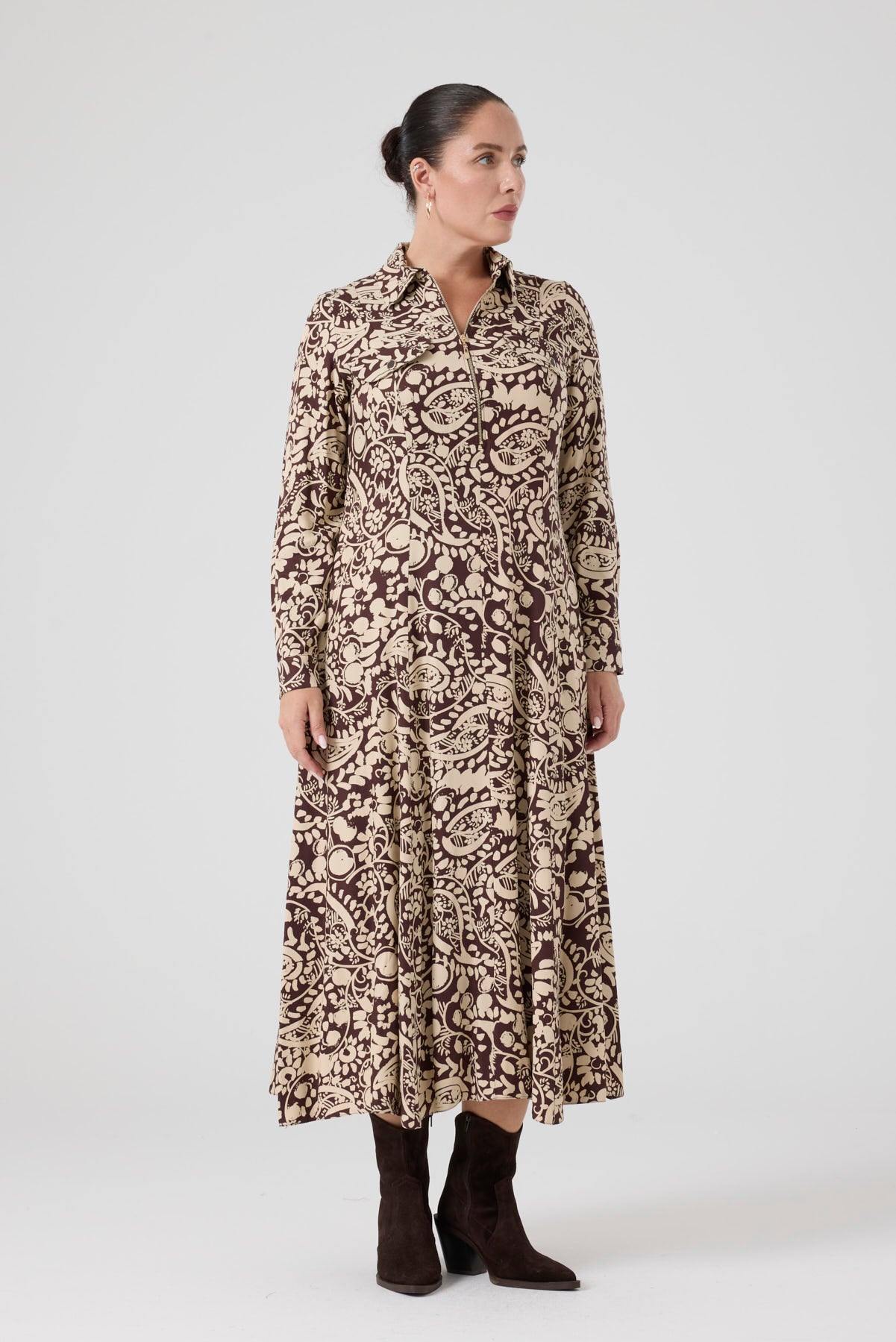 Fermuarlı Şal Desenli Uzun Elbise Kahve