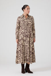 Fermuarlı Şal Desenli Uzun Elbise Kahve