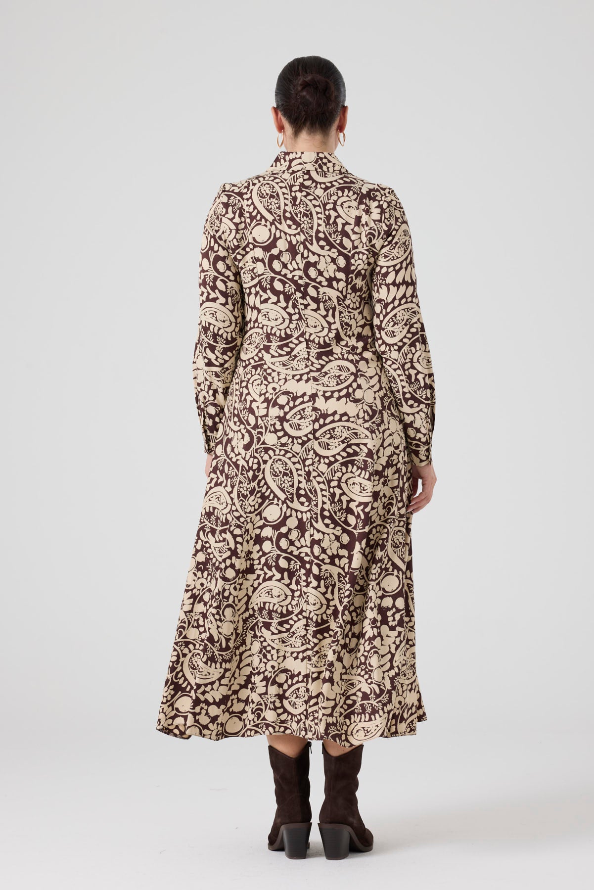 Fermuarlı Şal Desenli Uzun Elbise Kahve