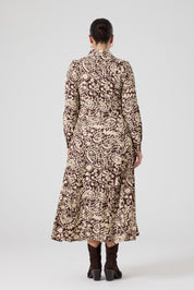 Fermuarlı Şal Desenli Uzun Elbise Kahve