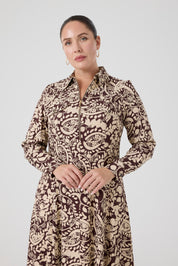 Fermuarlı Şal Desenli Uzun Elbise Kahve