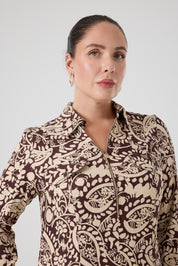 Fermuarlı Şal Desenli Uzun Elbise Kahve