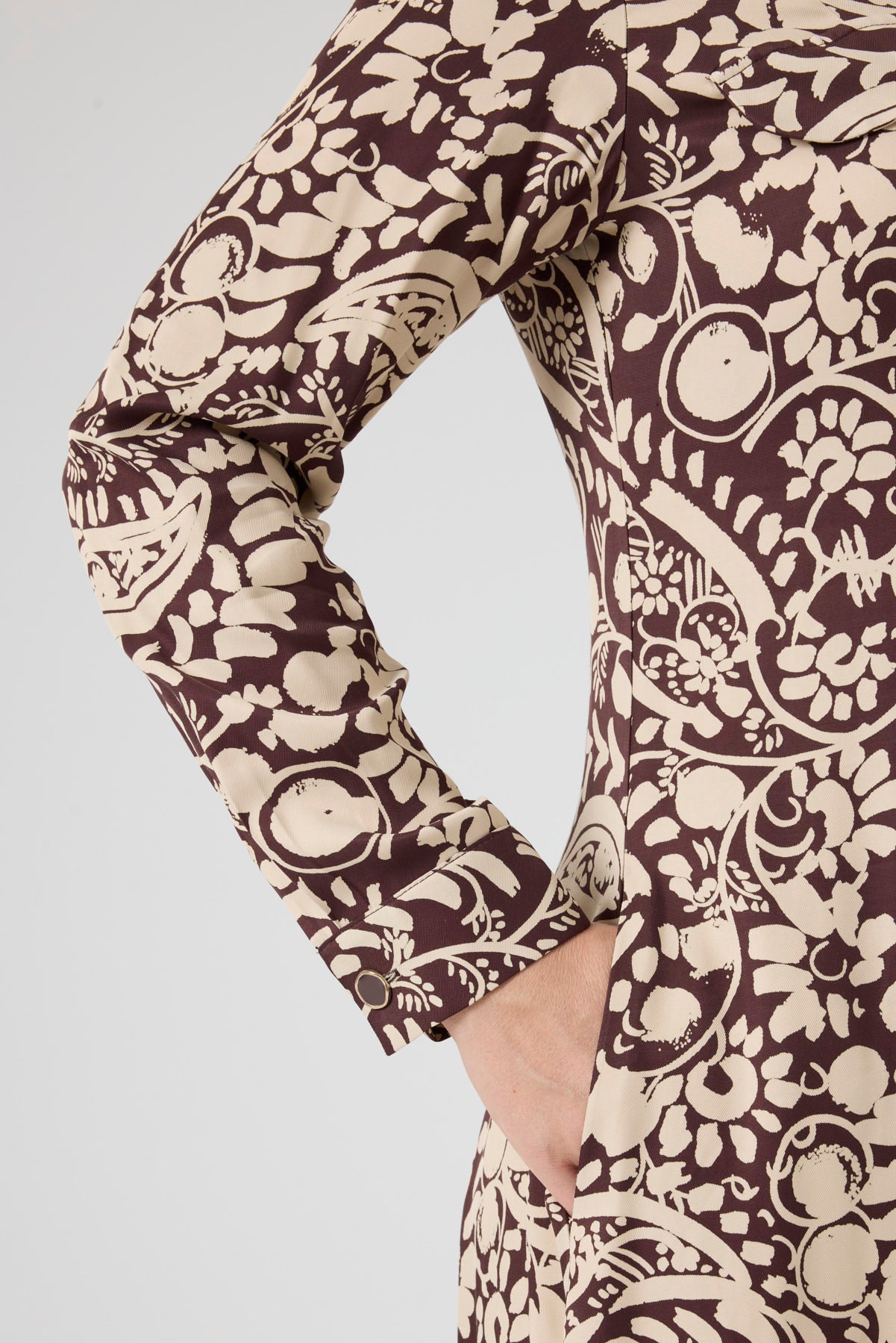 Fermuarlı Şal Desenli Uzun Elbise Kahve