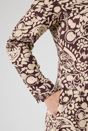 Fermuarlı Şal Desenli Uzun Elbise Kahve