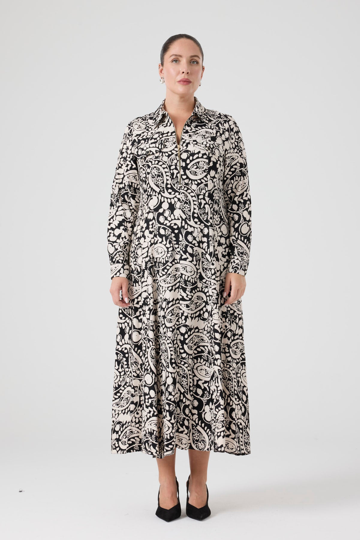 Fermuarlı Şal Desenli Uzun Elbise Siyah