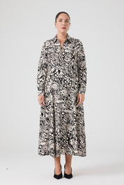 Fermuarlı Şal Desenli Uzun Elbise Siyah