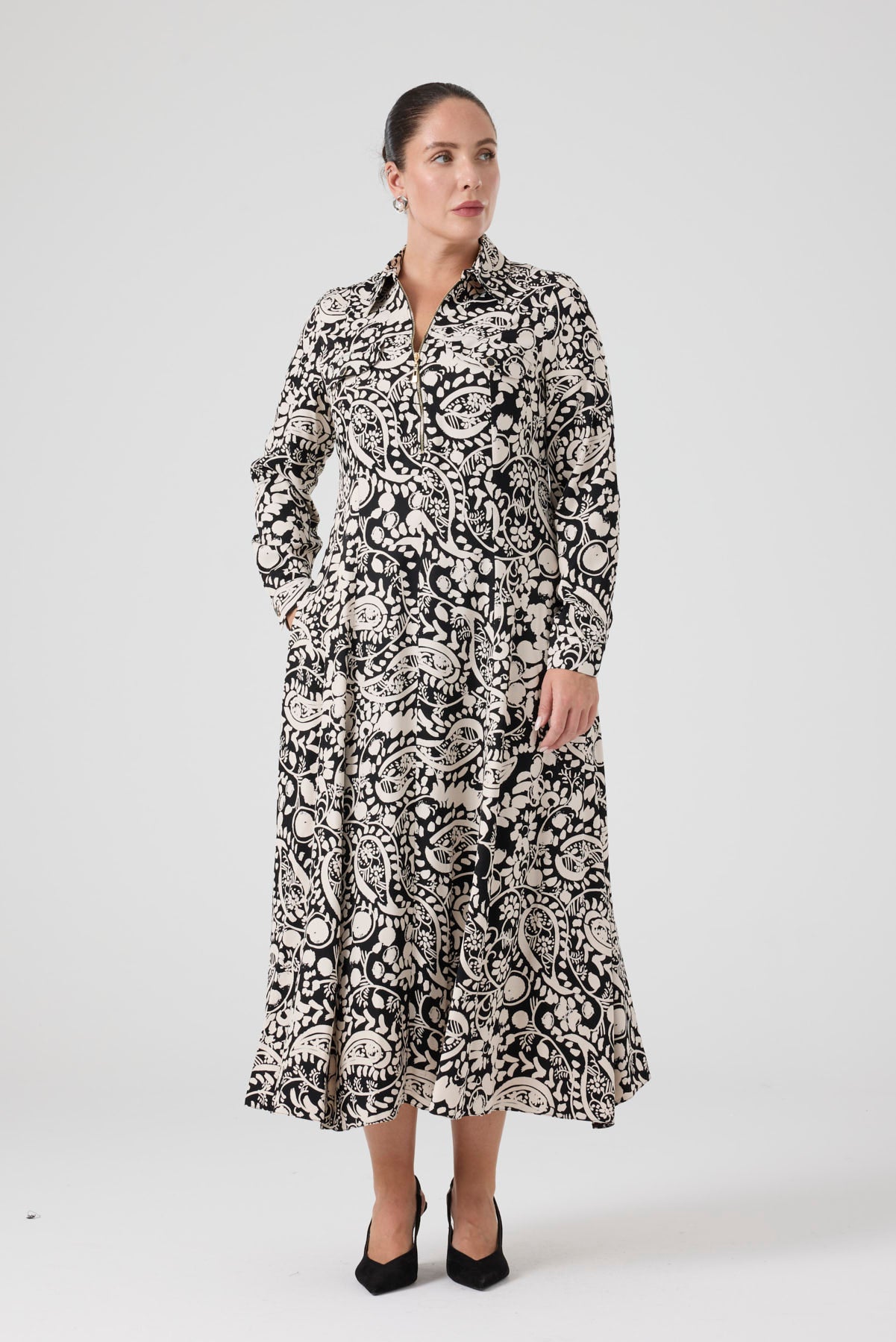 Fermuarlı Şal Desenli Uzun Elbise Siyah