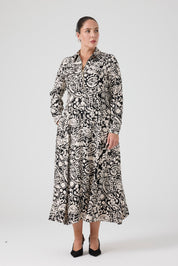 Fermuarlı Şal Desenli Uzun Elbise Siyah