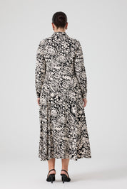 Fermuarlı Şal Desenli Uzun Elbise Siyah