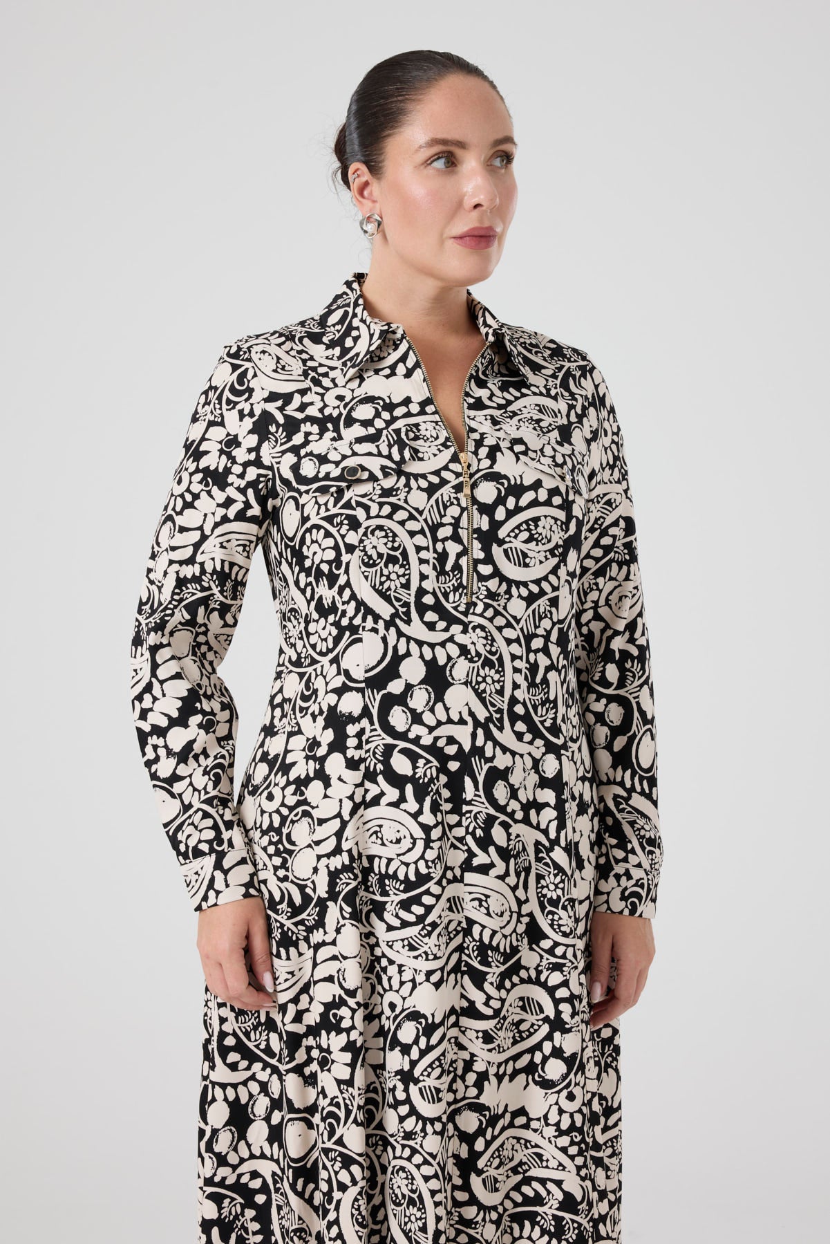 Fermuarlı Şal Desenli Uzun Elbise Siyah