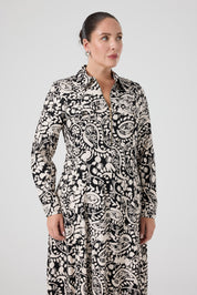 Fermuarlı Şal Desenli Uzun Elbise Siyah