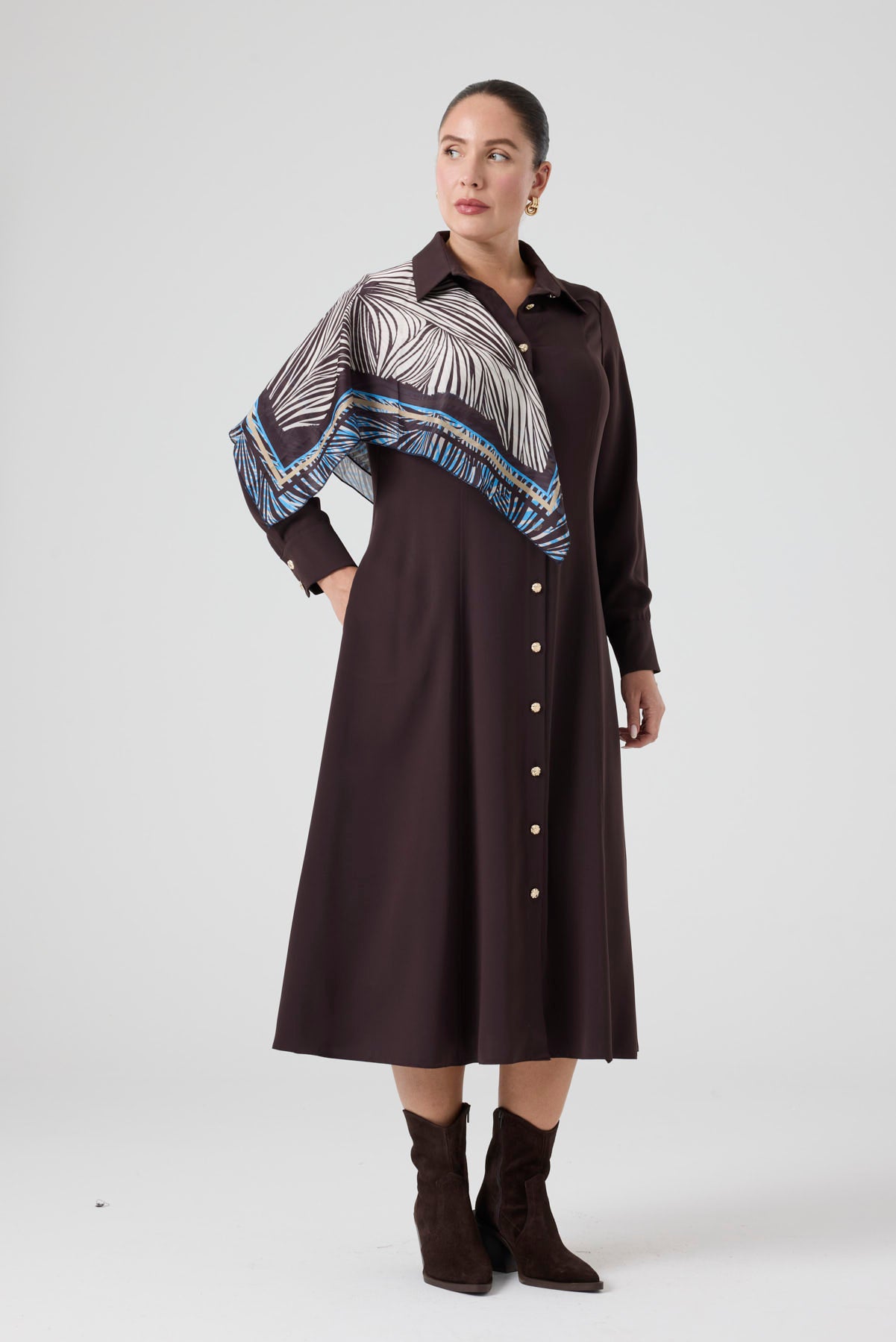 Maxi Boy Gömlek Elbise Kahve