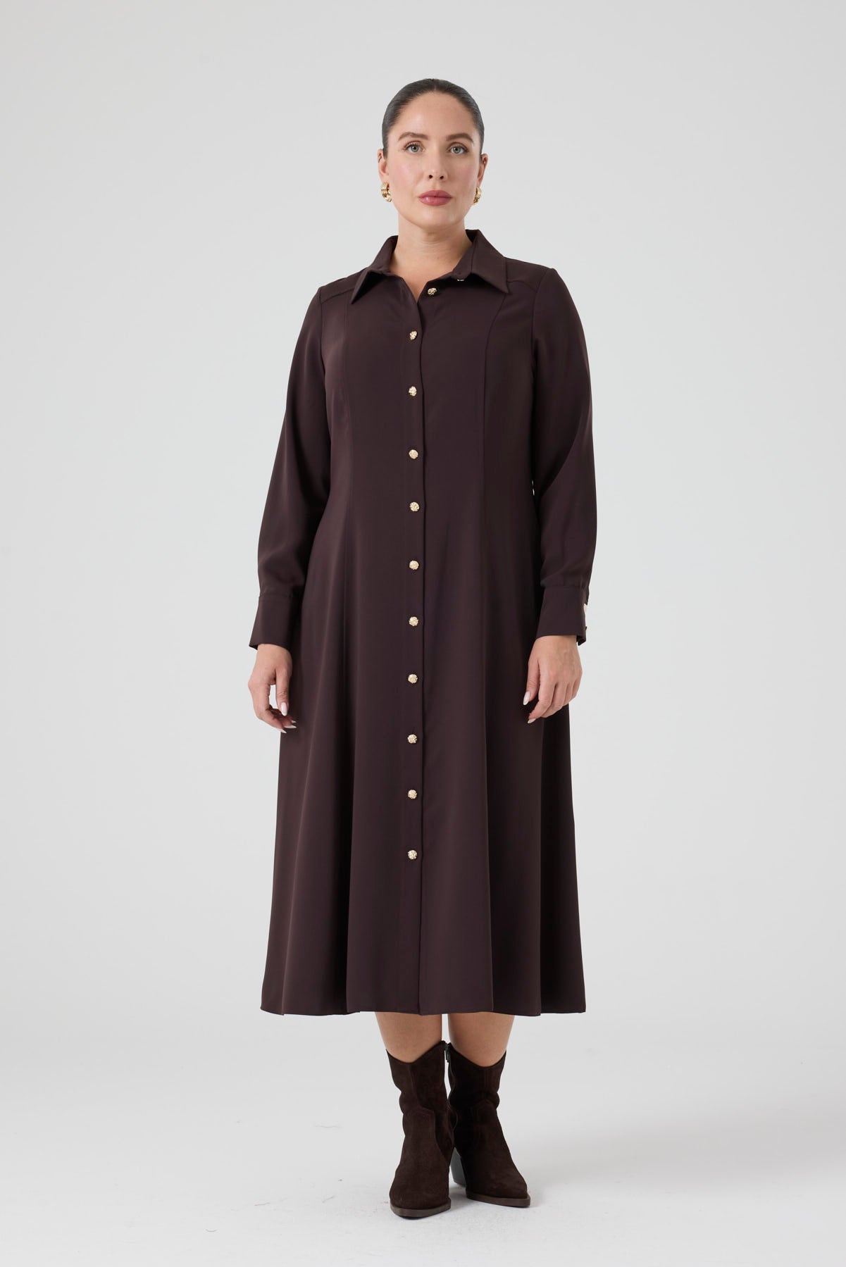 Maxi Boy Gömlek Elbise Kahve