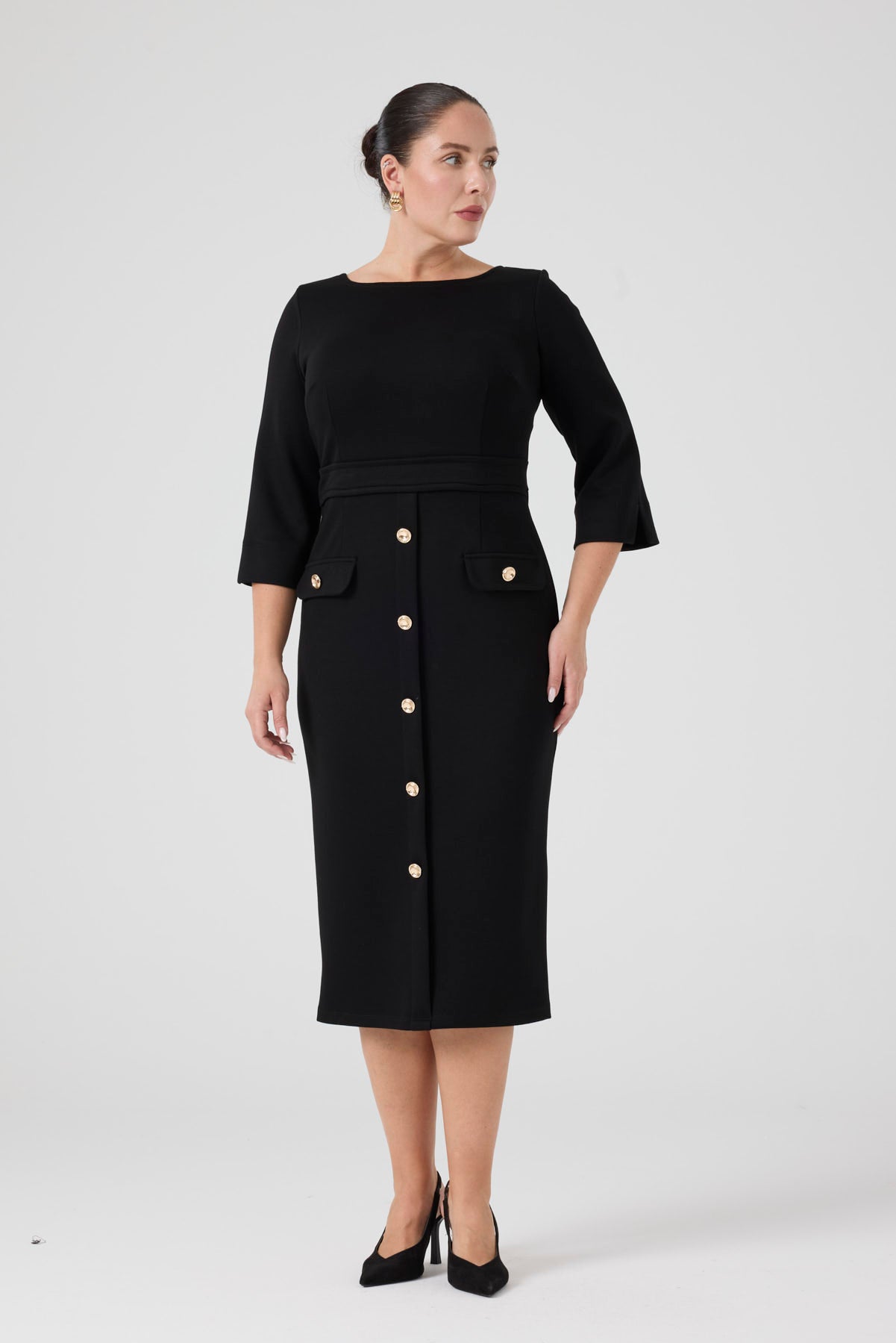 Düğme Detaylı Örme Elbise Siyah