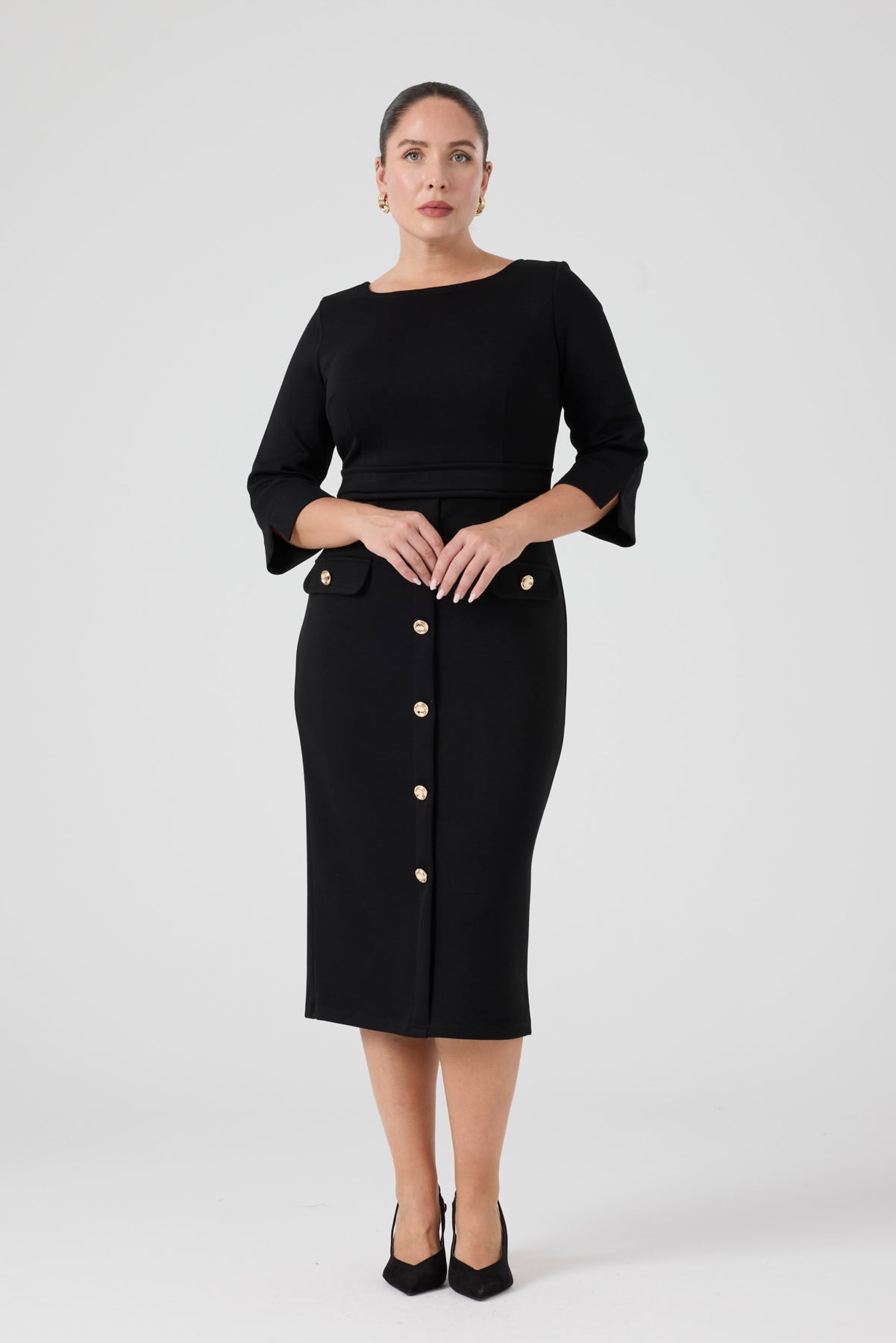 Düğme Detaylı Örme Elbise Siyah