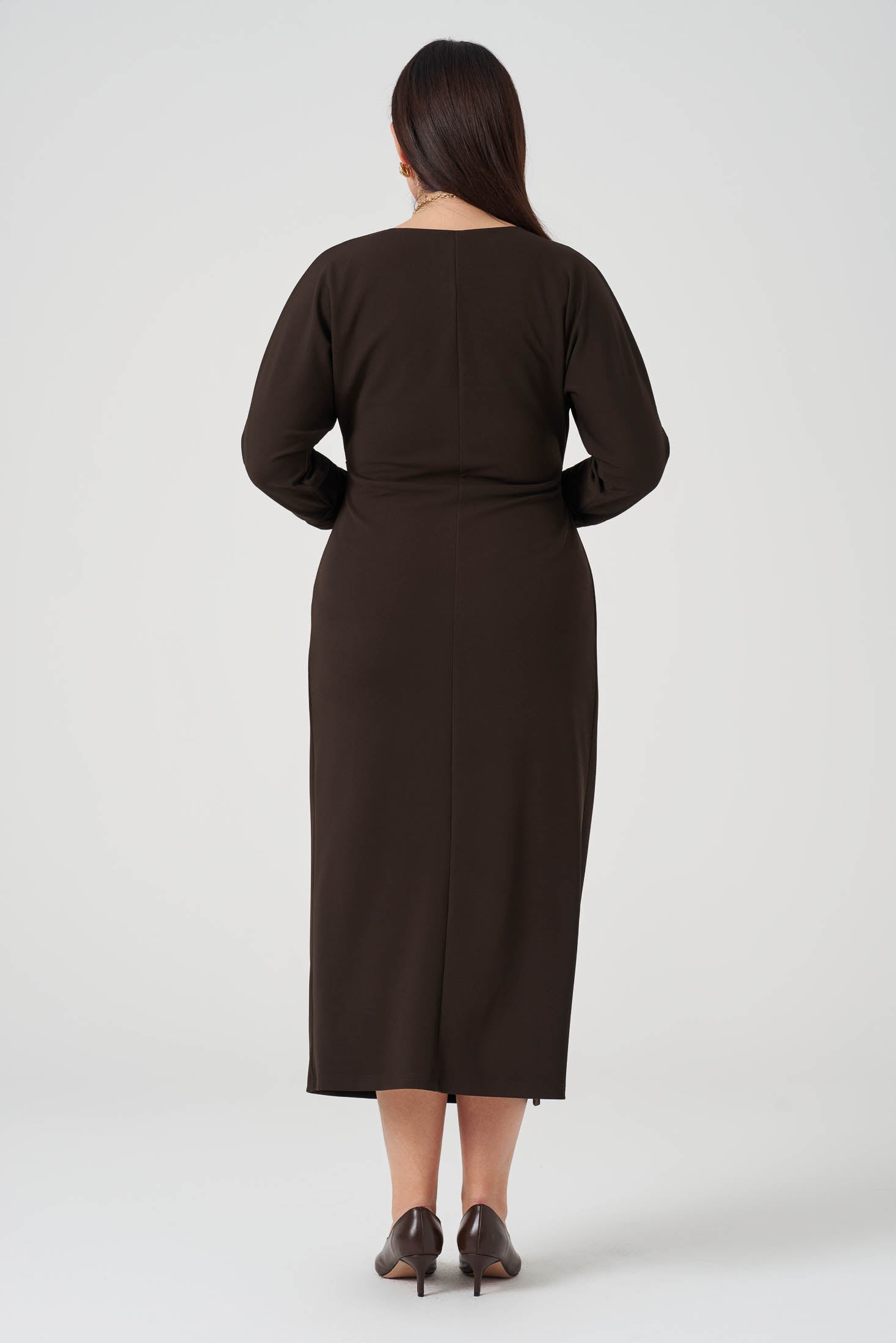 Büzgü Detaylı Elbise Kahve