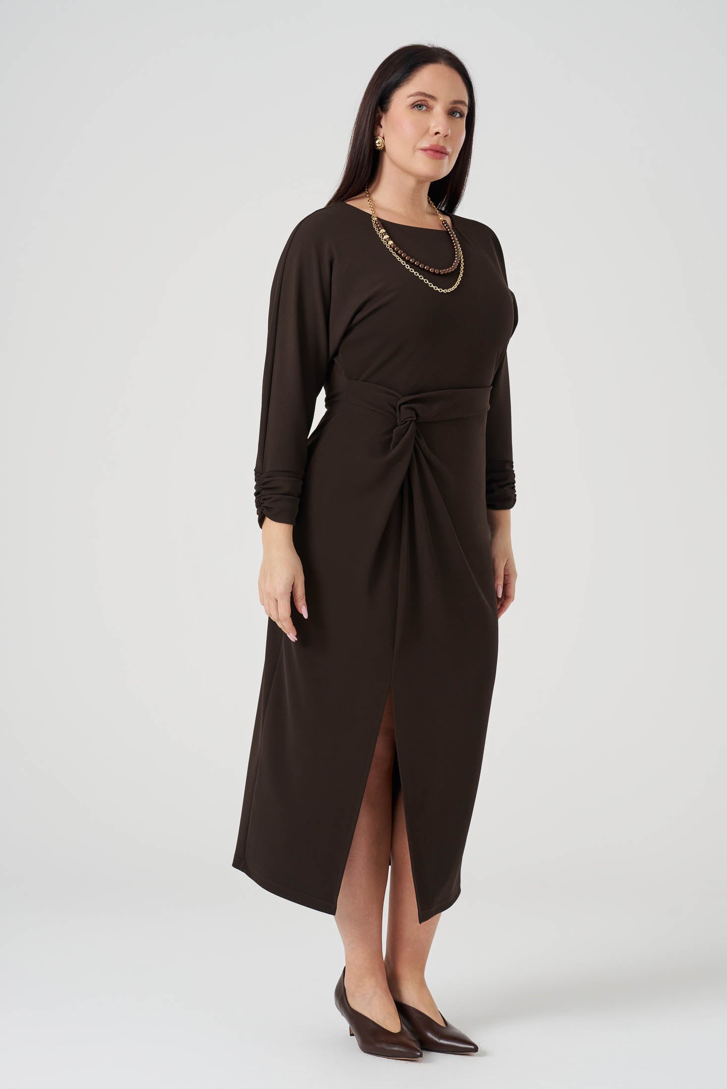 Büzgü Detaylı Elbise Kahve