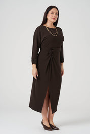 Büzgü Detaylı Elbise Kahve