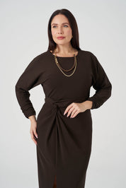 Büzgü Detaylı Elbise Kahve