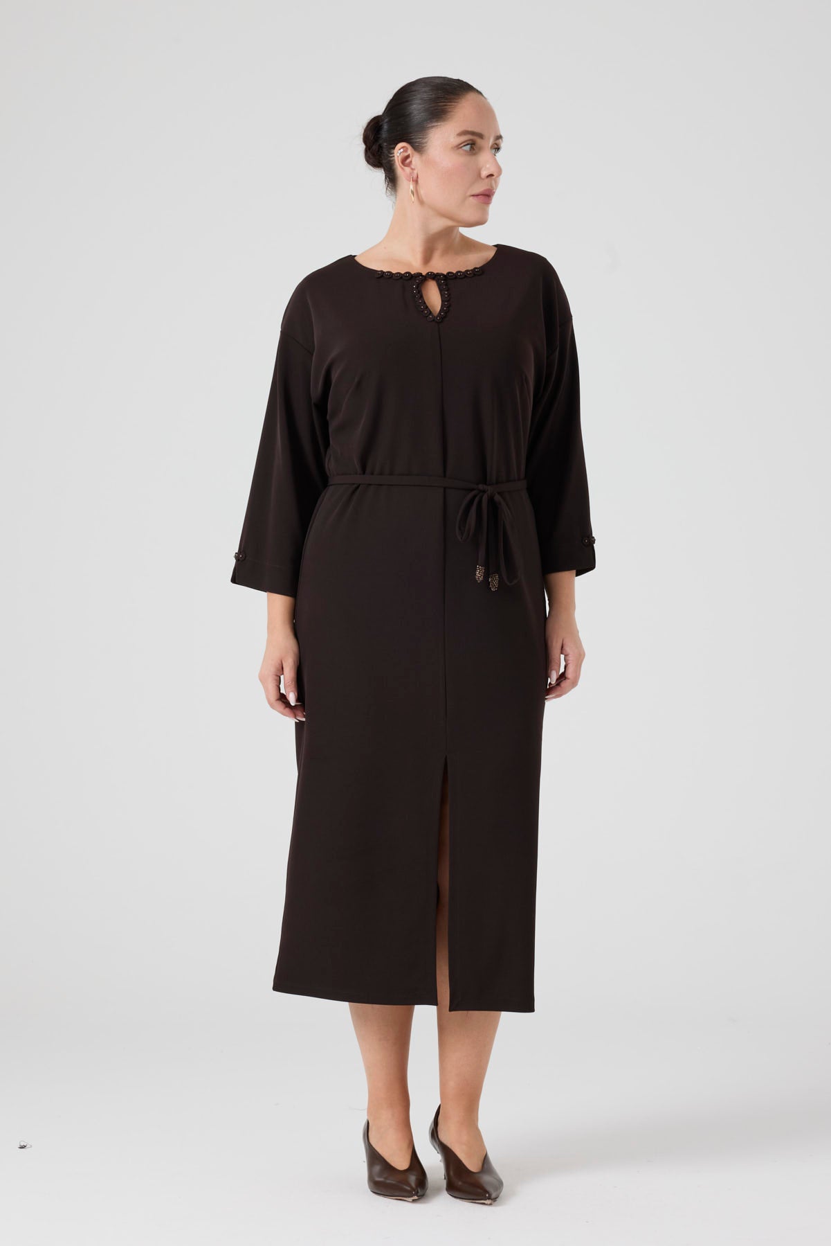 İşleme Deteylıı Rahat Elbise Kahve