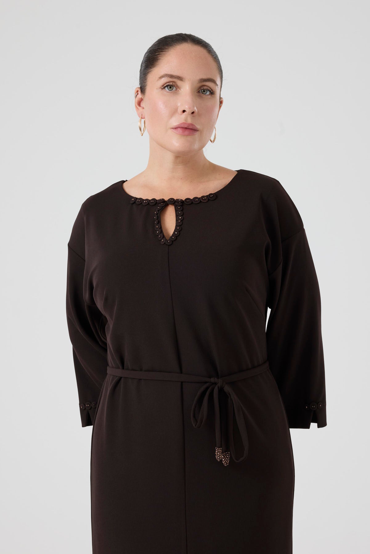 İşleme Deteylıı Rahat Elbise Kahve