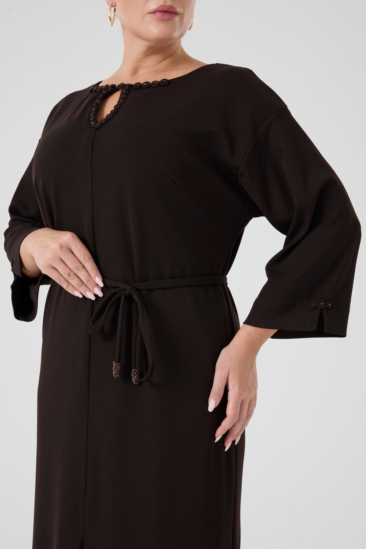 İşleme Deteylıı Rahat Elbise Kahve