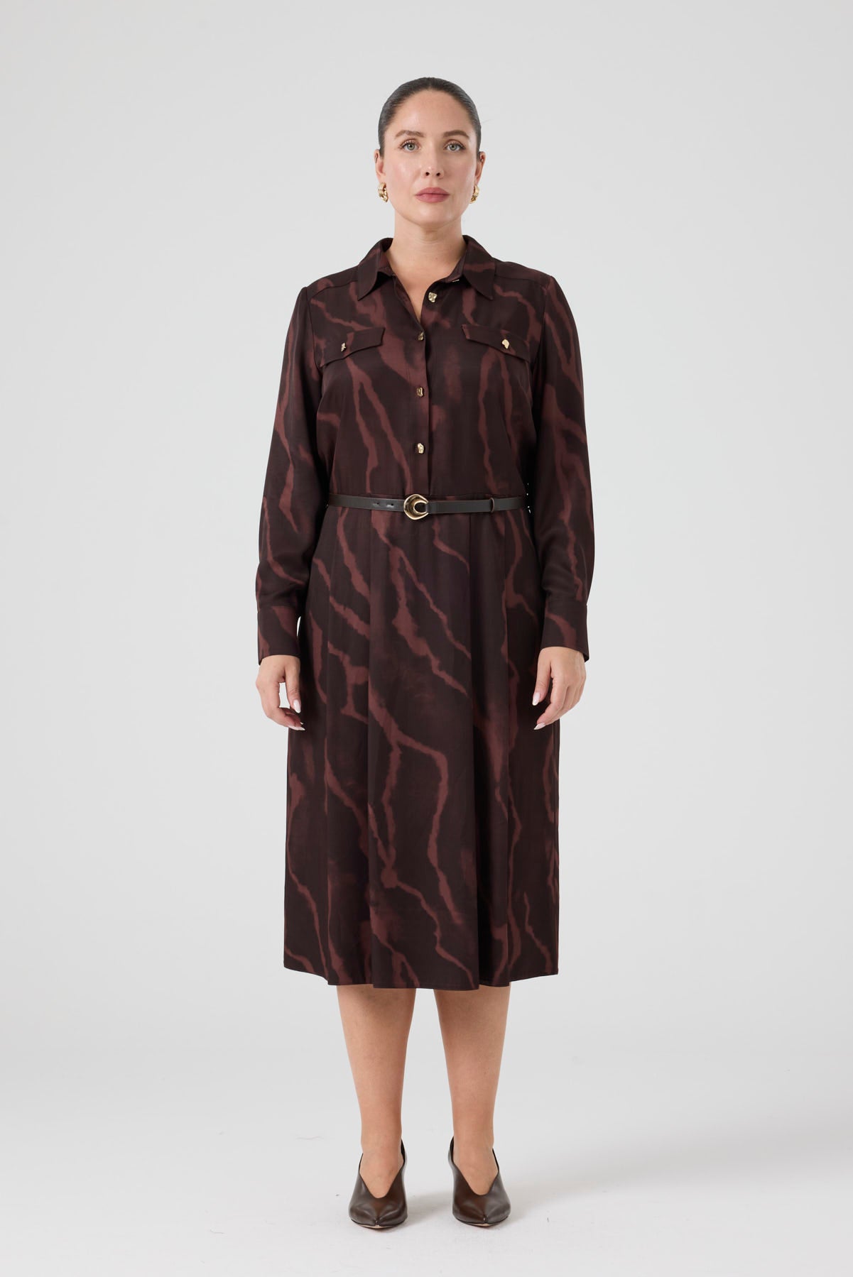 Kemerli Floş Viskon Elbise Kahve