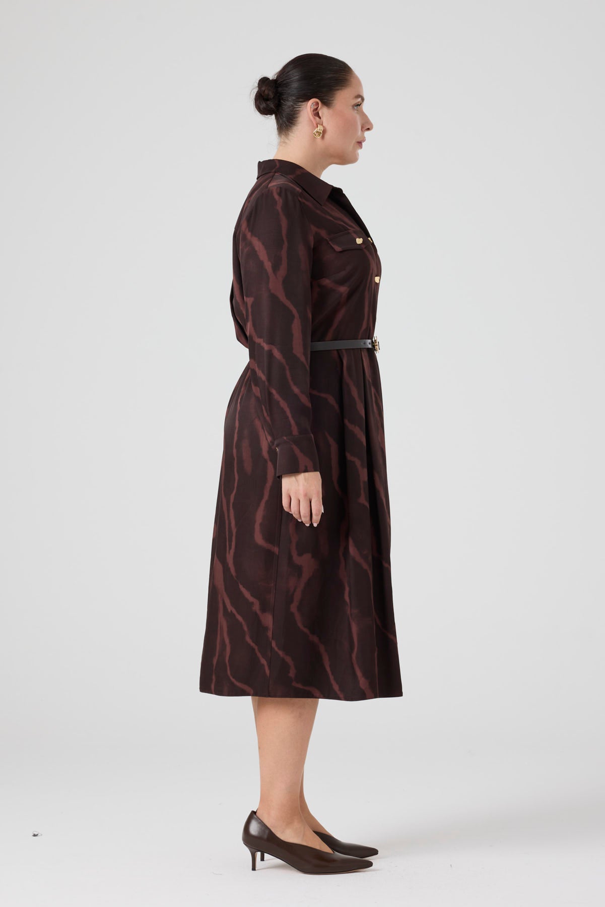 Kemerli Floş Viskon Elbise Kahve