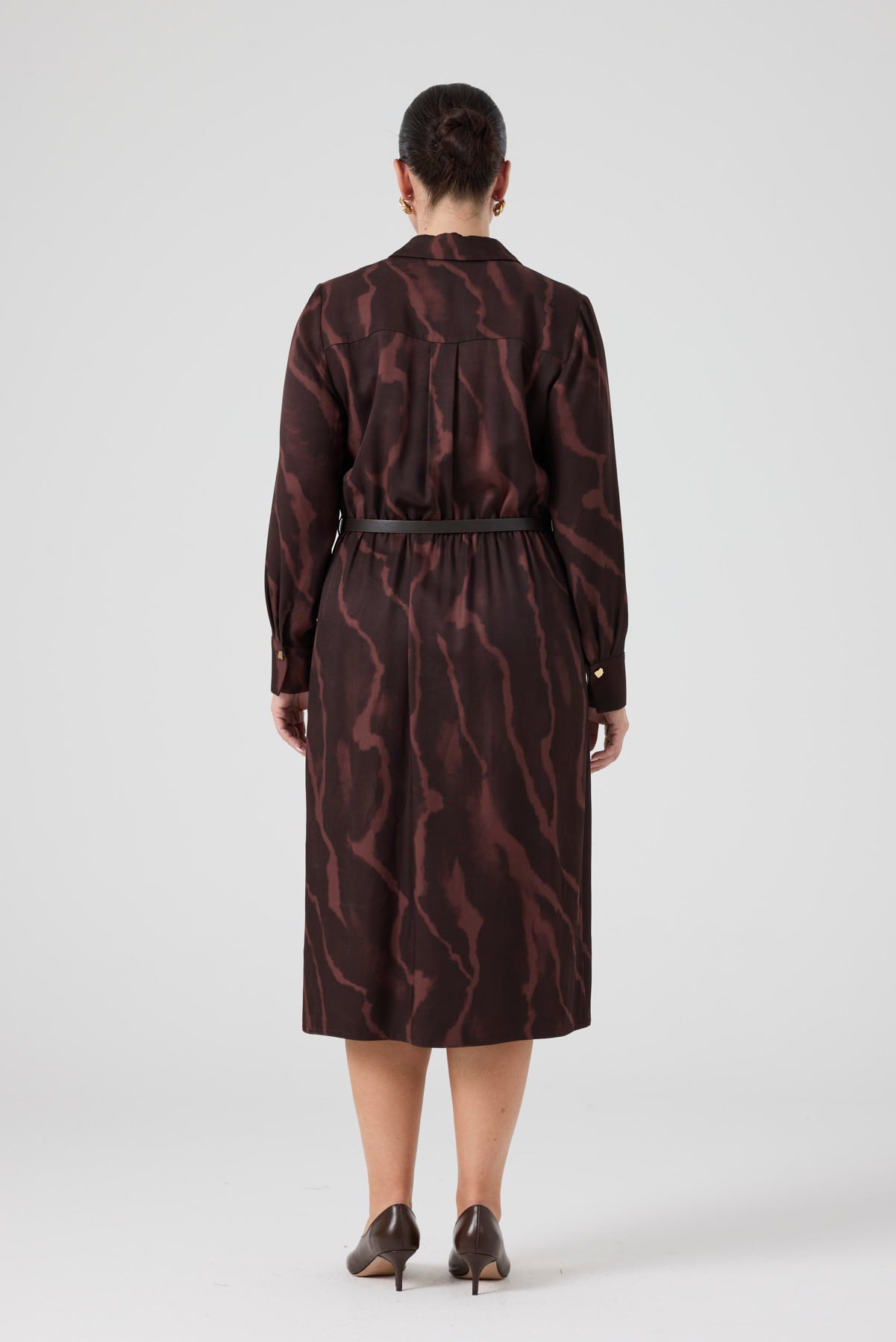 Kemerli Floş Viskon Elbise Kahve