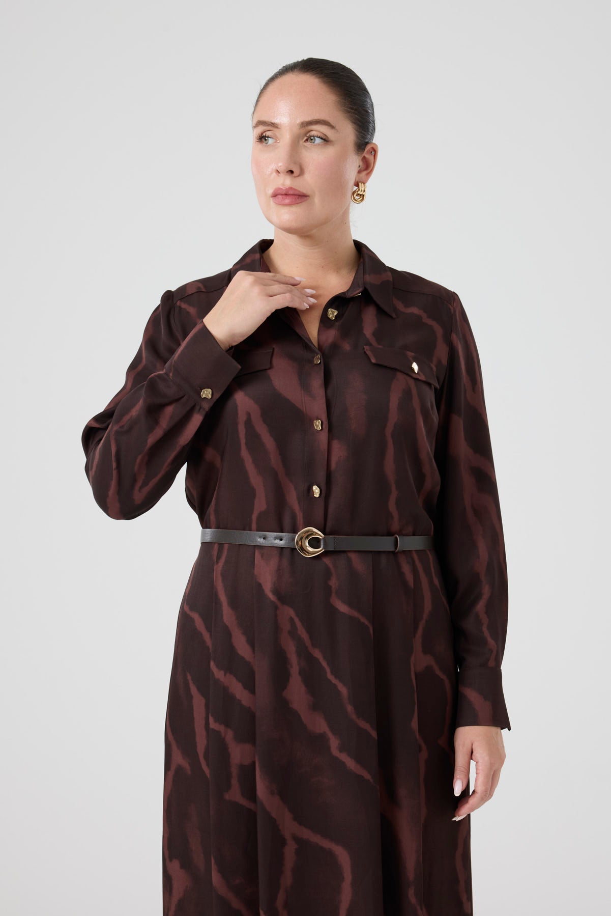 Kemerli Floş Viskon Elbise Kahve