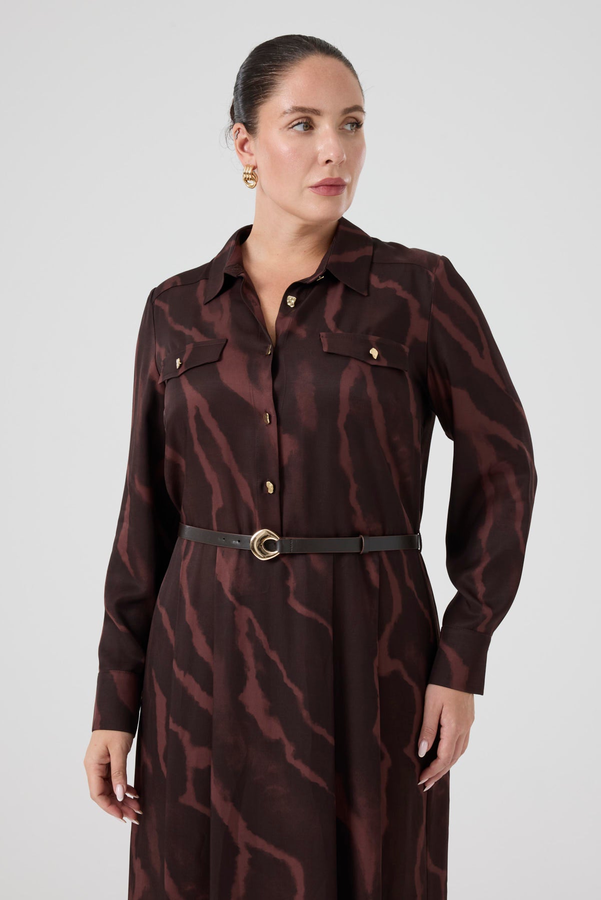 Kemerli Floş Viskon Elbise Kahve