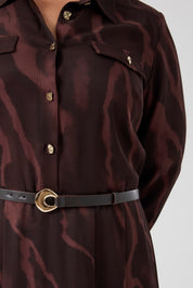 Kemerli Floş Viskon Elbise Kahve