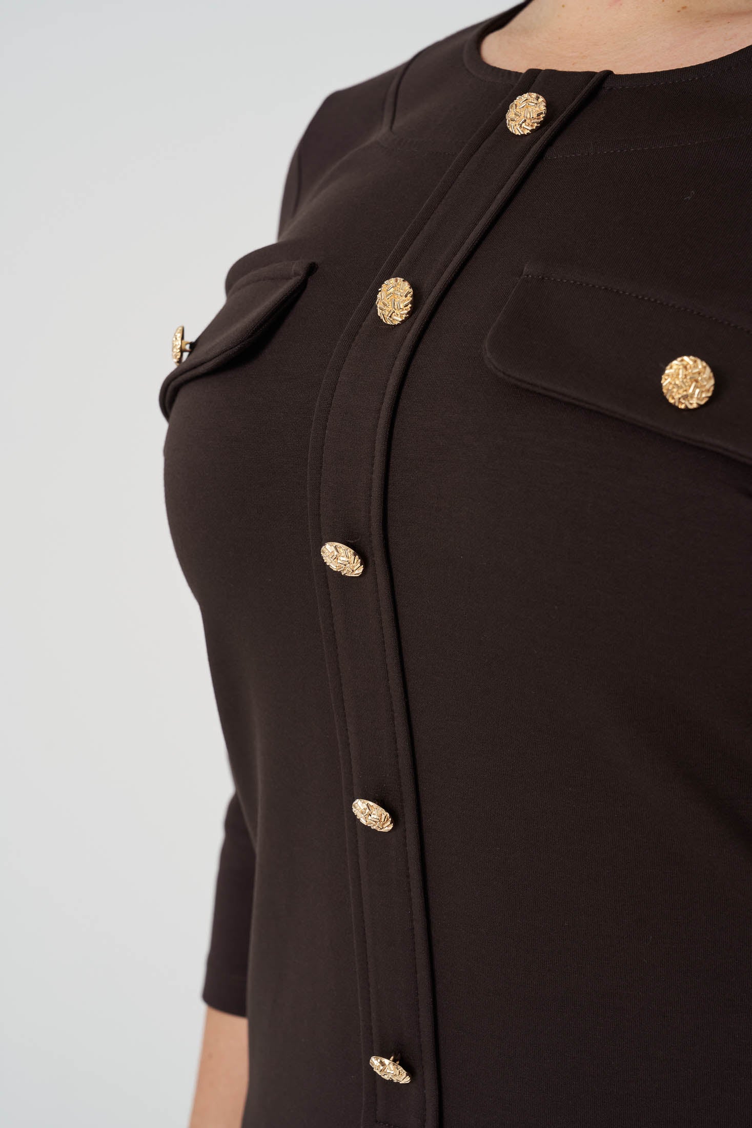 Süs Düğmeli Örme Elbise Acı Kahve